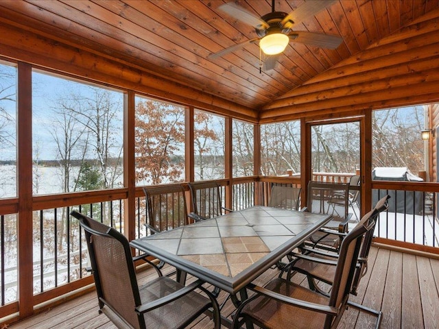 sunroom / solarium featuring ceiling fan, a healthy amount of sunlight, wood ceiling, and vaulted ceiling