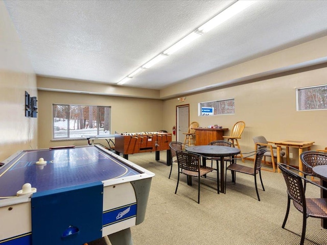 playroom with a textured ceiling and light colored carpet