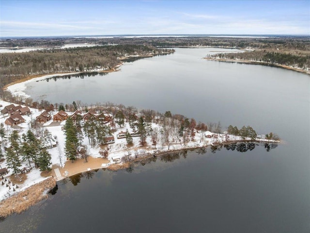 snowy aerial view with a water view