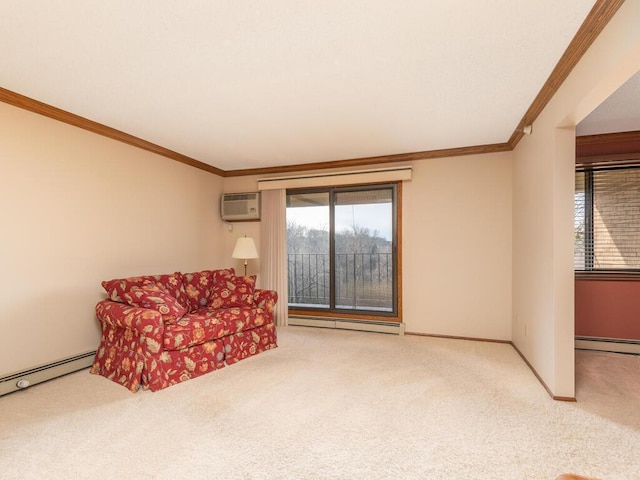 living room with carpet flooring, ornamental molding, baseboard heating, and a wall unit AC