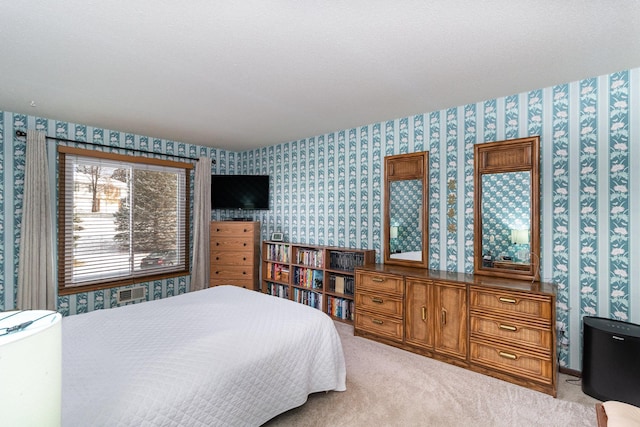 bedroom with light carpet