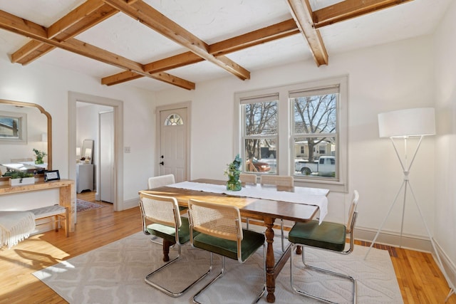 dining room featuring light hardwood / wood-style flooring, beamed ceiling, and coffered ceiling