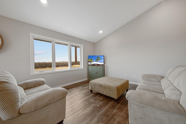 living room featuring dark wood-type flooring and vaulted ceiling