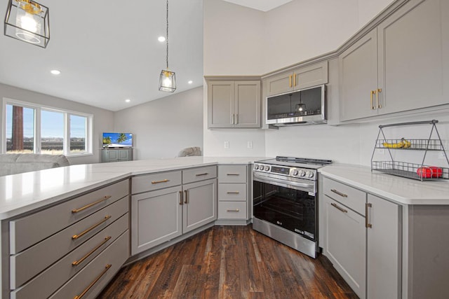 kitchen featuring light stone countertops, dark wood-type flooring, stainless steel appliances, kitchen peninsula, and gray cabinets