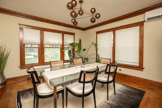 dining space with a notable chandelier, a wall mounted air conditioner, wood finished floors, and crown molding