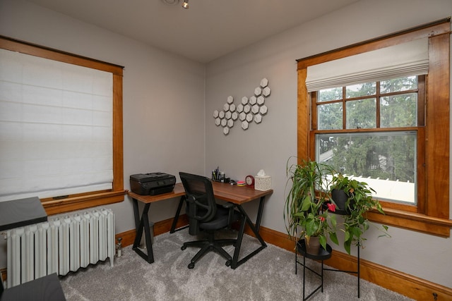 office area featuring radiator heating unit, a wealth of natural light, and baseboards