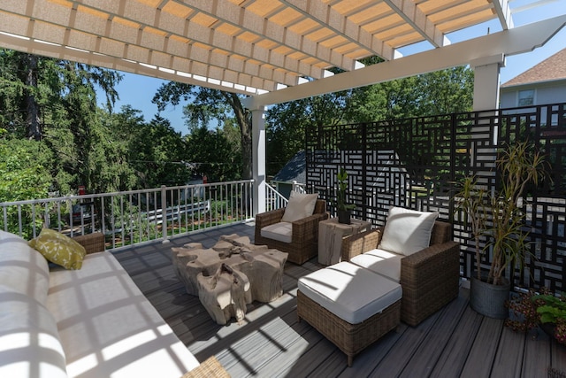 deck with a pergola and an outdoor hangout area