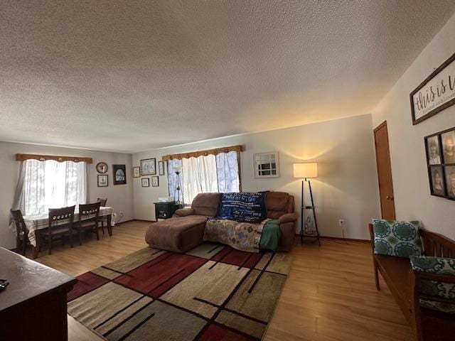 living area with a textured ceiling and light wood finished floors