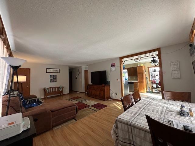 living area with a textured ceiling and light wood-style floors