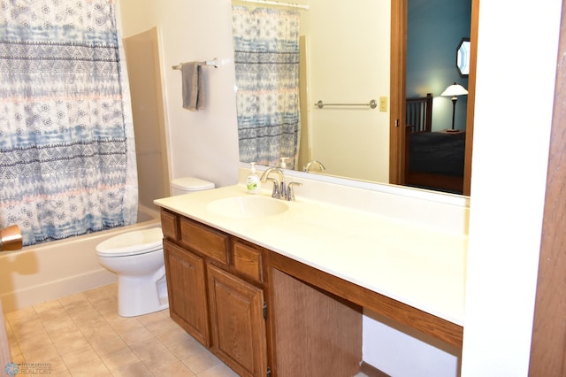 full bathroom featuring toilet, vanity, shower / tub combo with curtain, and tile patterned flooring