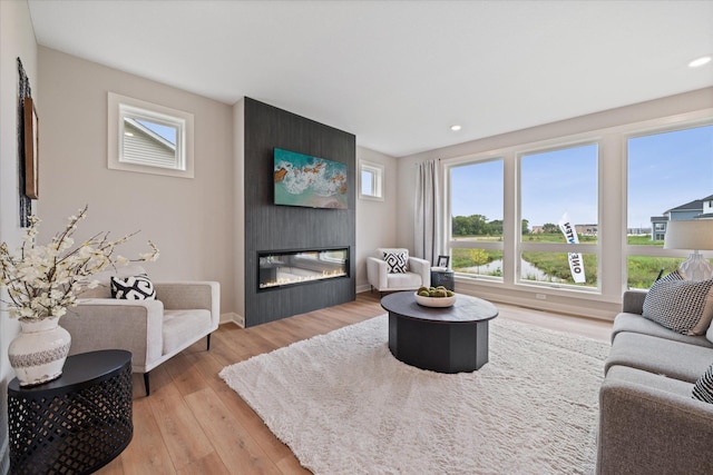 living room featuring a wealth of natural light, a large fireplace, and light wood-type flooring