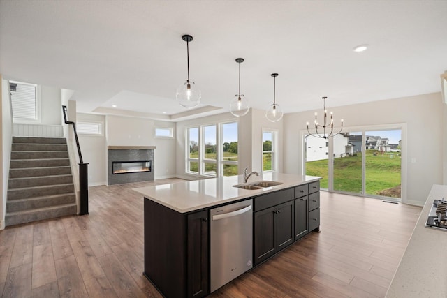 kitchen featuring wood-type flooring, stainless steel dishwasher, plenty of natural light, and a kitchen island with sink