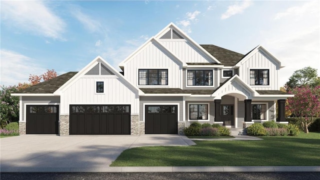 modern farmhouse style home featuring a garage, covered porch, and a front yard