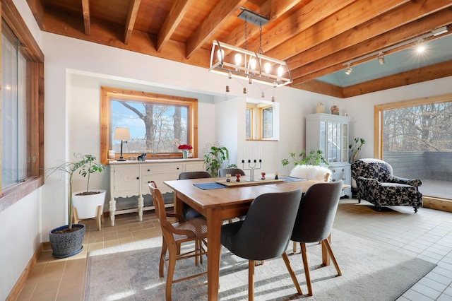 dining area featuring baseboards, plenty of natural light, track lighting, and tile patterned flooring