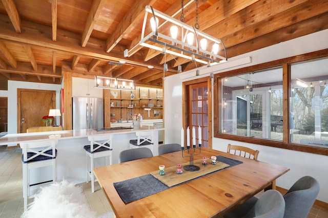 dining area with beamed ceiling and wood ceiling