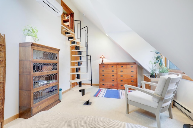 living area with carpet flooring, baseboard heating, a wall mounted air conditioner, and baseboards