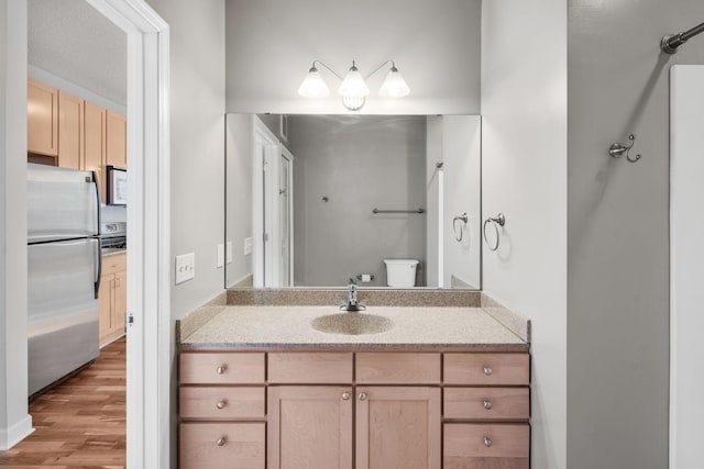 bathroom with vanity, toilet, and wood finished floors