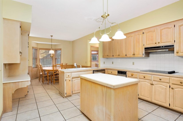 kitchen with kitchen peninsula, black electric stovetop, light brown cabinetry, decorative light fixtures, and a center island