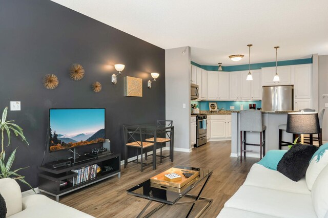 living room with dark hardwood / wood-style flooring