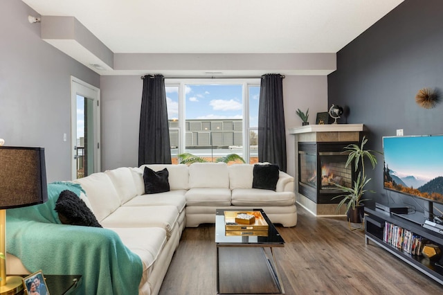 living room with a fireplace and hardwood / wood-style floors