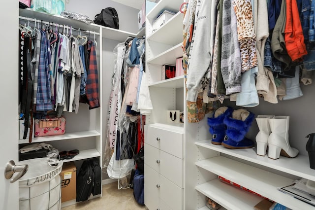 walk in closet with light colored carpet