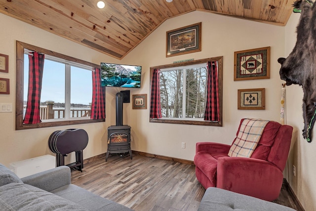 living area featuring wood-type flooring, a wood stove, wood ceiling, and vaulted ceiling