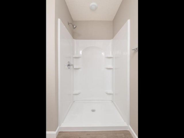 bathroom with hardwood / wood-style flooring and a shower