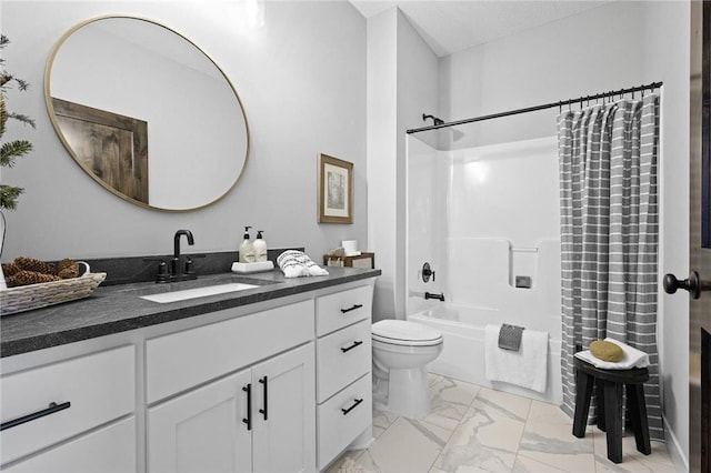 full bathroom featuring vanity, shower / tub combo, and toilet