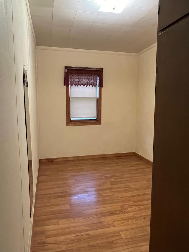 empty room featuring light wood-type flooring and crown molding