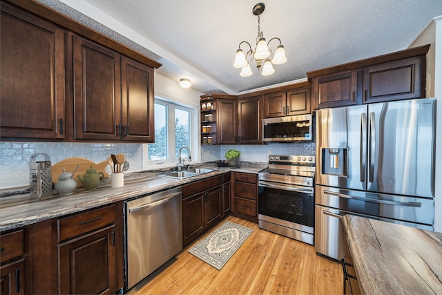 kitchen featuring pendant lighting, dark brown cabinetry, stainless steel appliances, light hardwood / wood-style floors, and sink