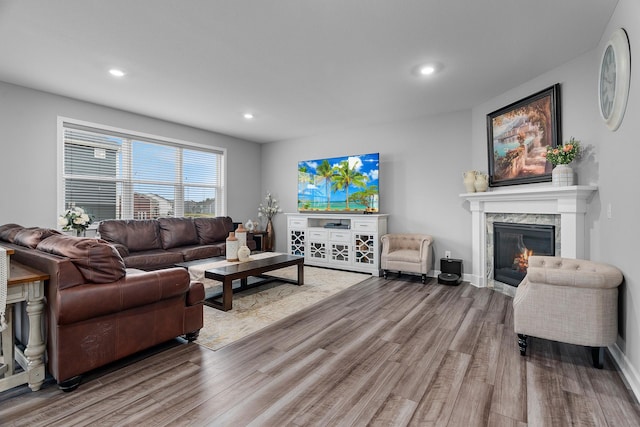 living room featuring light wood-type flooring and a high end fireplace