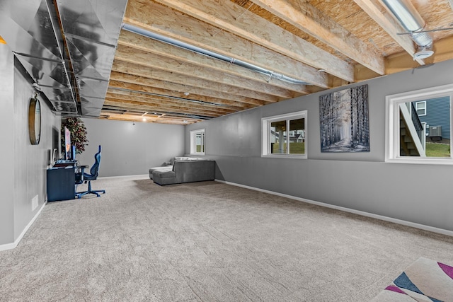 basement with carpet floors and a wealth of natural light