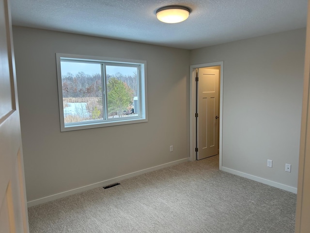 unfurnished room featuring light colored carpet and a textured ceiling