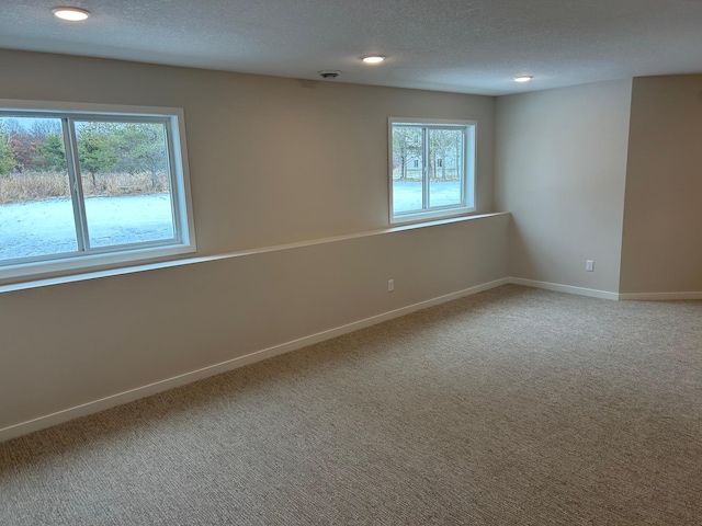 carpeted spare room with a healthy amount of sunlight and a textured ceiling