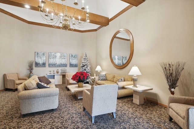 carpeted living room featuring beam ceiling, high vaulted ceiling, and a chandelier