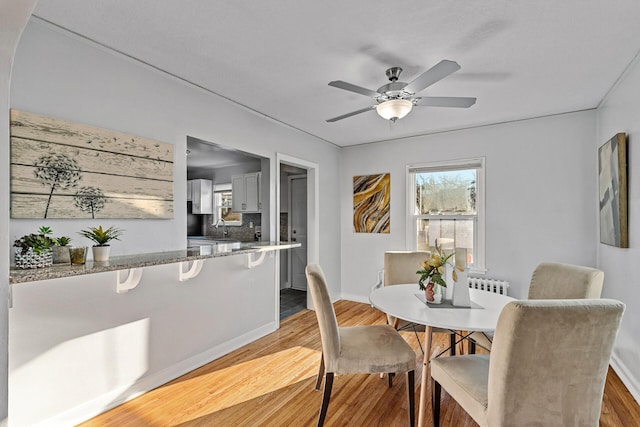 dining space with ceiling fan and hardwood / wood-style floors