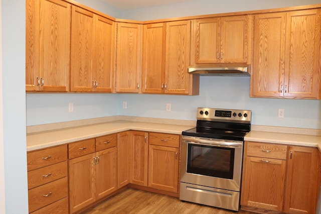 kitchen with ventilation hood, stainless steel electric range, and light hardwood / wood-style floors