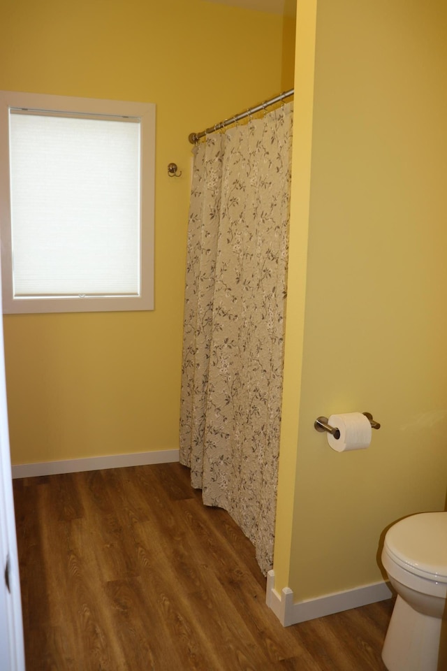 bathroom with hardwood / wood-style flooring and toilet