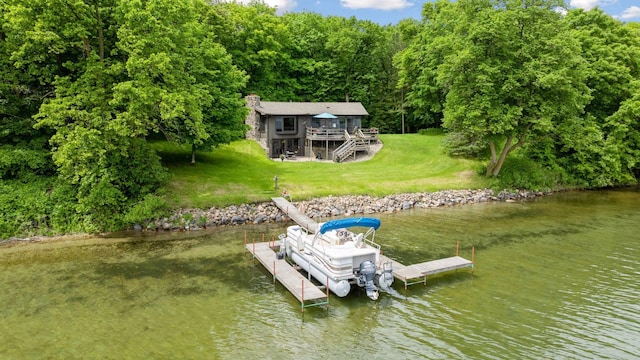 19466 Peninsula Trl, Clitherall Twp, MN 56515 - dock with a yard, a deck with water view, and a forest view