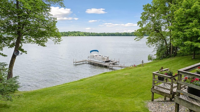 dock area featuring a yard and a water view