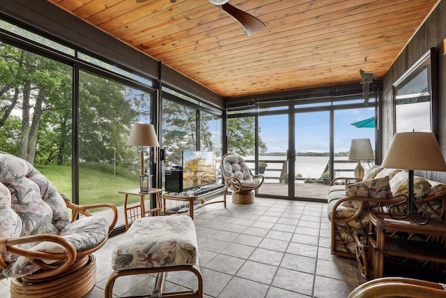 sunroom with ceiling fan and wood ceiling