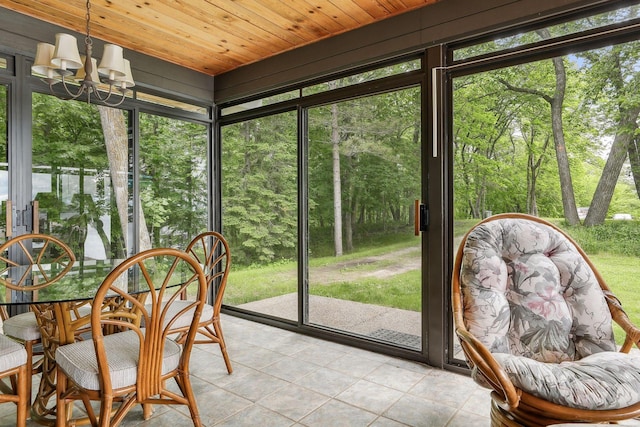 sunroom / solarium featuring a wealth of natural light, wooden ceiling, and a chandelier