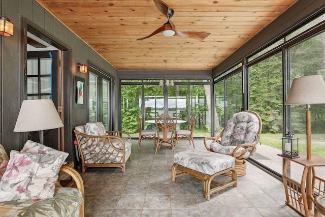 sunroom / solarium with ceiling fan and wood ceiling