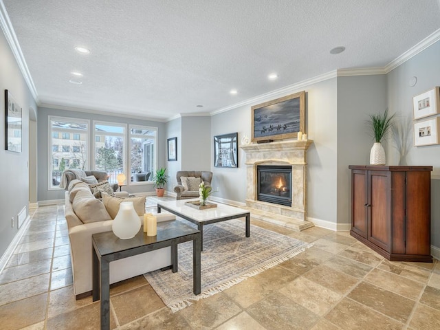 living room with ornamental molding and a textured ceiling