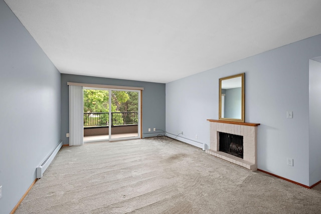 unfurnished living room with a fireplace, light colored carpet, and baseboard heating