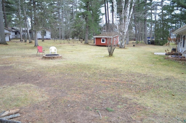 view of yard featuring a shed and an outdoor fire pit