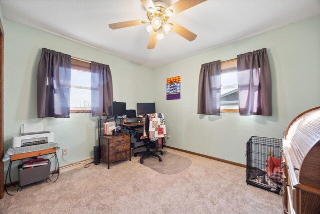 office area featuring carpet floors, ceiling fan, and baseboards