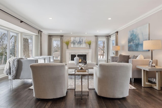 living room featuring crown molding, a healthy amount of sunlight, a fireplace, and dark hardwood / wood-style flooring