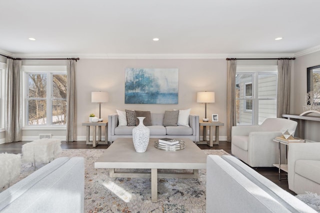 living room featuring crown molding and dark hardwood / wood-style floors