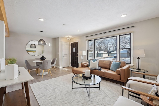 living room featuring a textured ceiling and light wood-type flooring